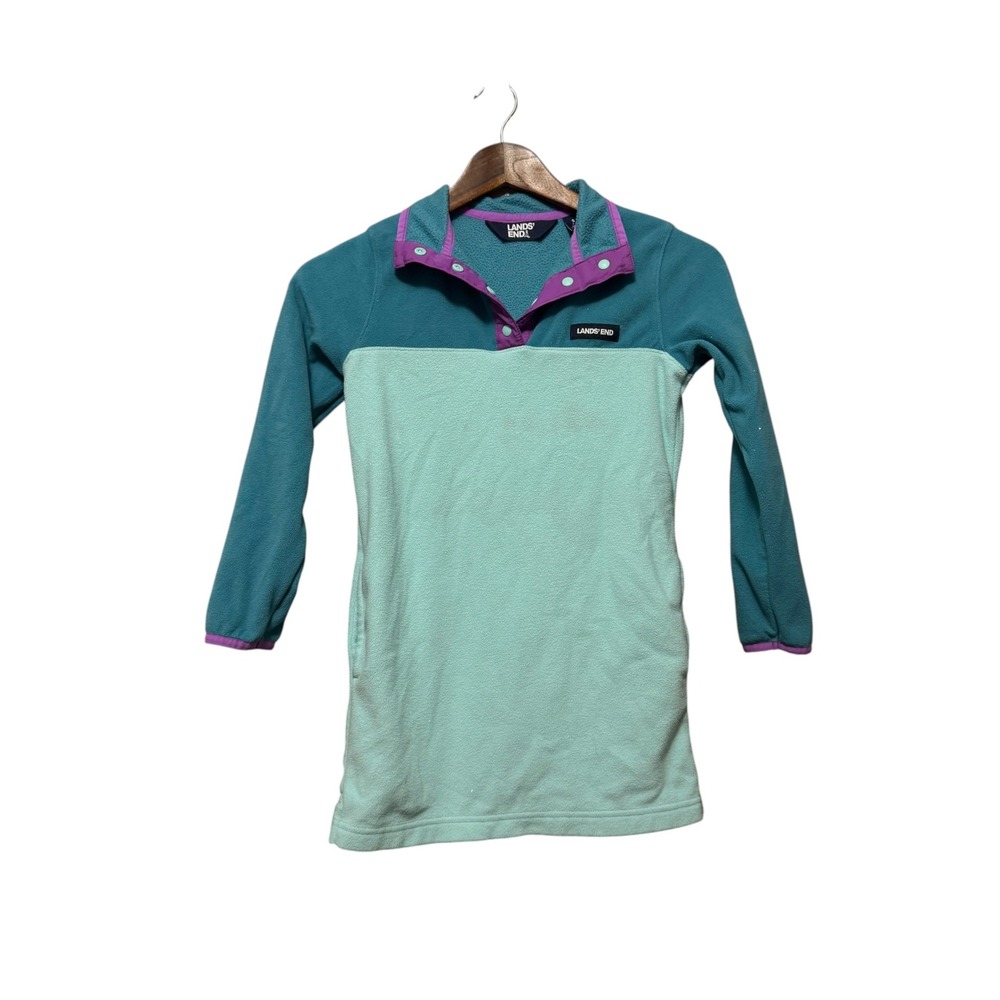 Lands End Fleece Dress Girls S 6-7 Teal Mint Excellent Colorblock Snap Neck